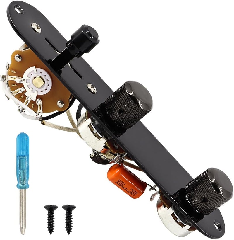 Domofa Loaded Guitar Control Plate for Telecaster Electric Guitar Prewired 3 Way Switch 500K Potentiometers Tone Volume Knob with Wiring Harness (Black) - Image 1